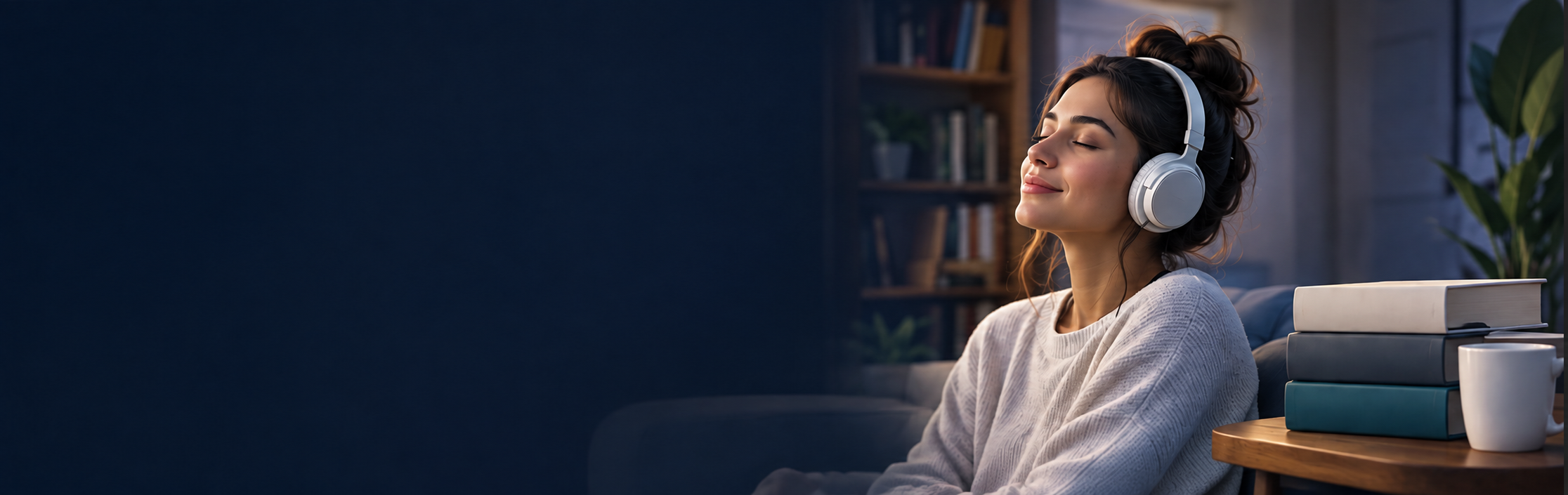 Woman listening to an audiobook with headphones